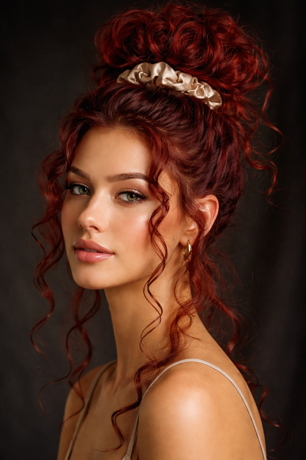 Ruby red top knot with loose tendrils around temples