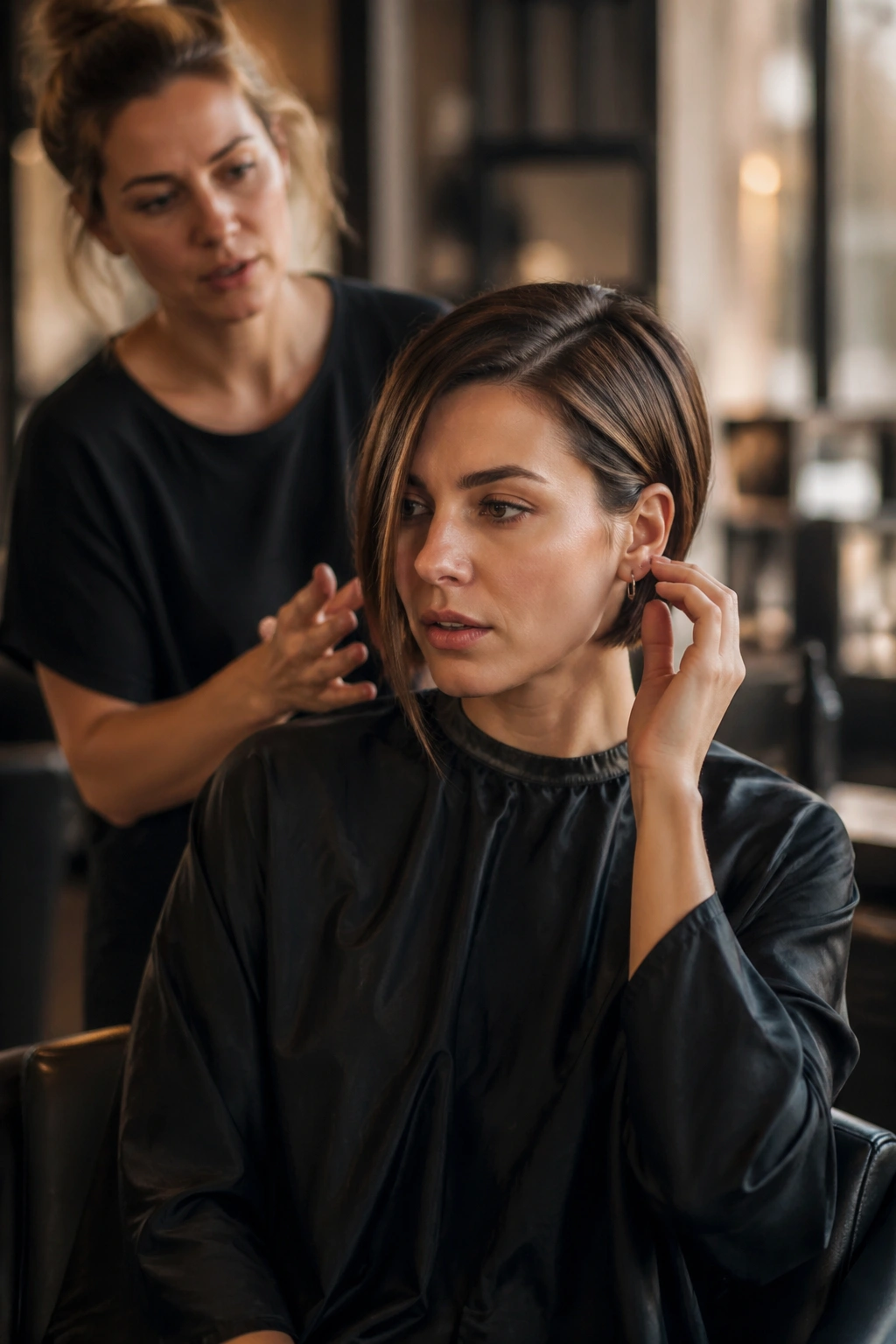Real client in salon chair during consultation about asymmetrical bob
