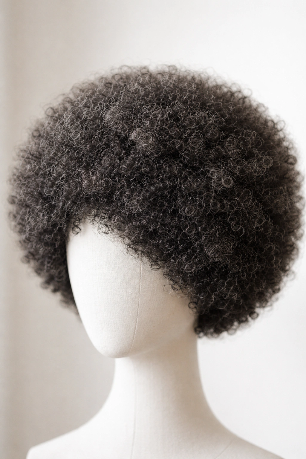 Salt-and-pepper afro wig with gray specks on black base on a headform