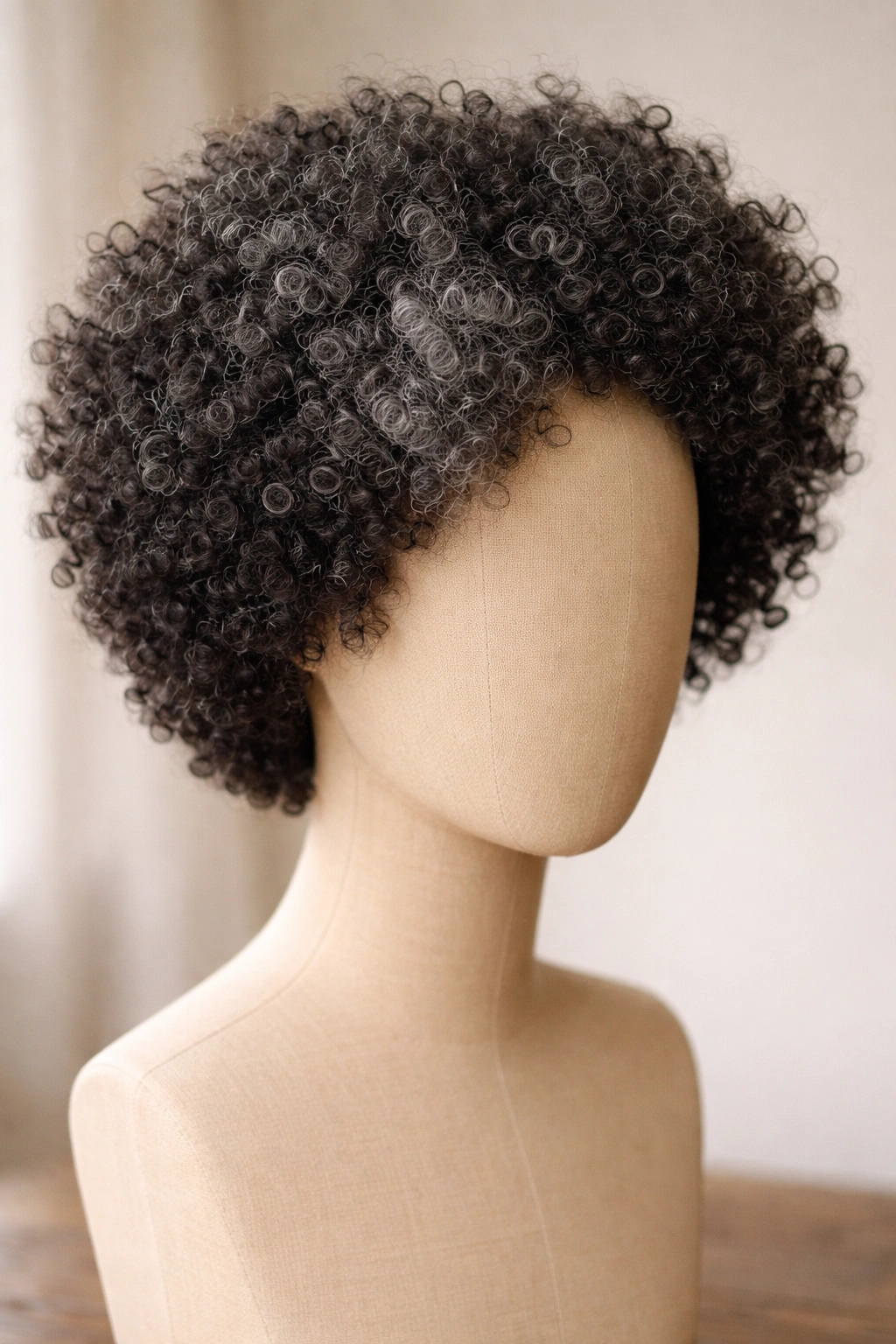 Salt-and-pepper curly Afro wig with natural gray blending on headform