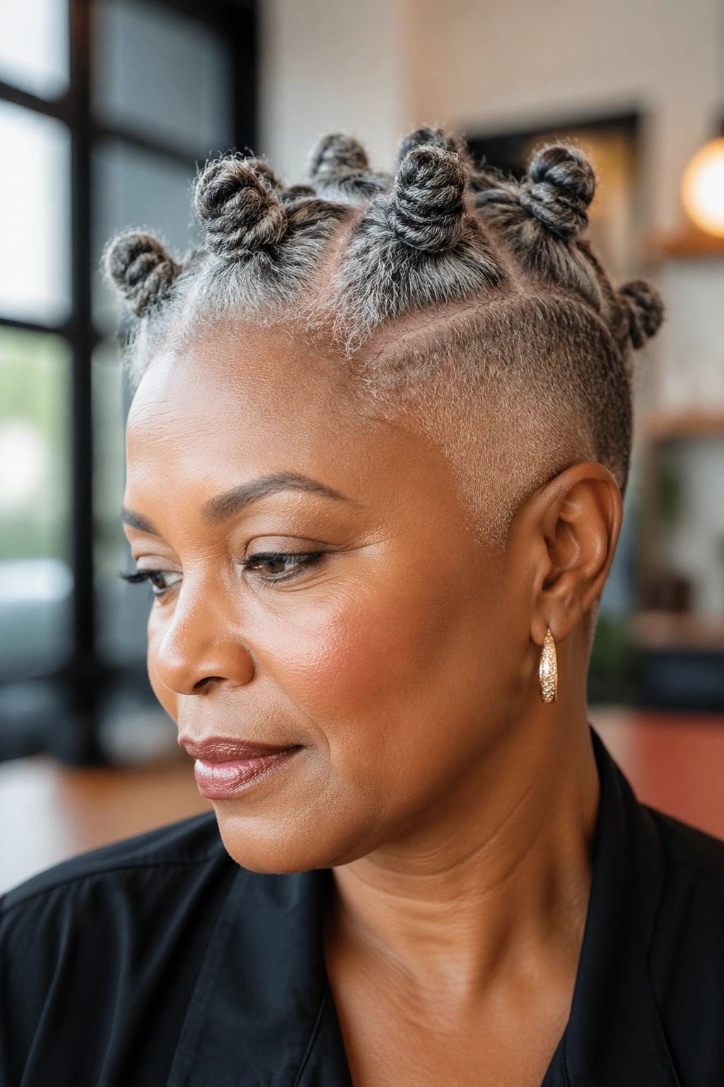 Close-up of a real person with salt-and-pepper Bantu knots and tapered shaved sides in a warm salon