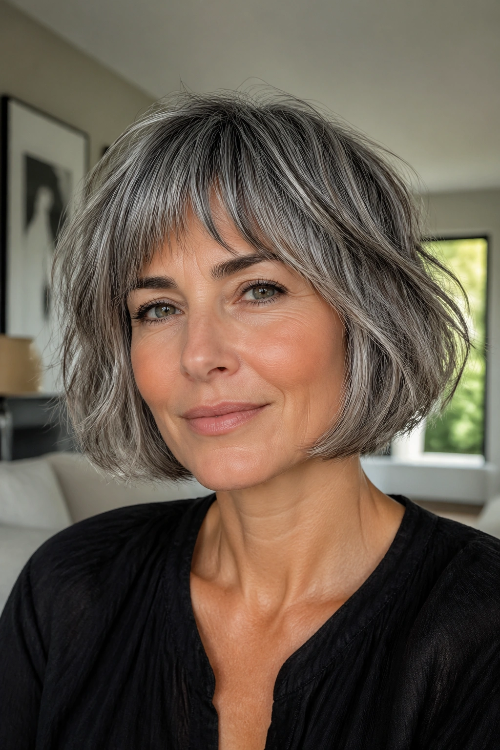 Close-up of a gray-haired person with salt-and-pepper French Bob Wolf Cut in natural light