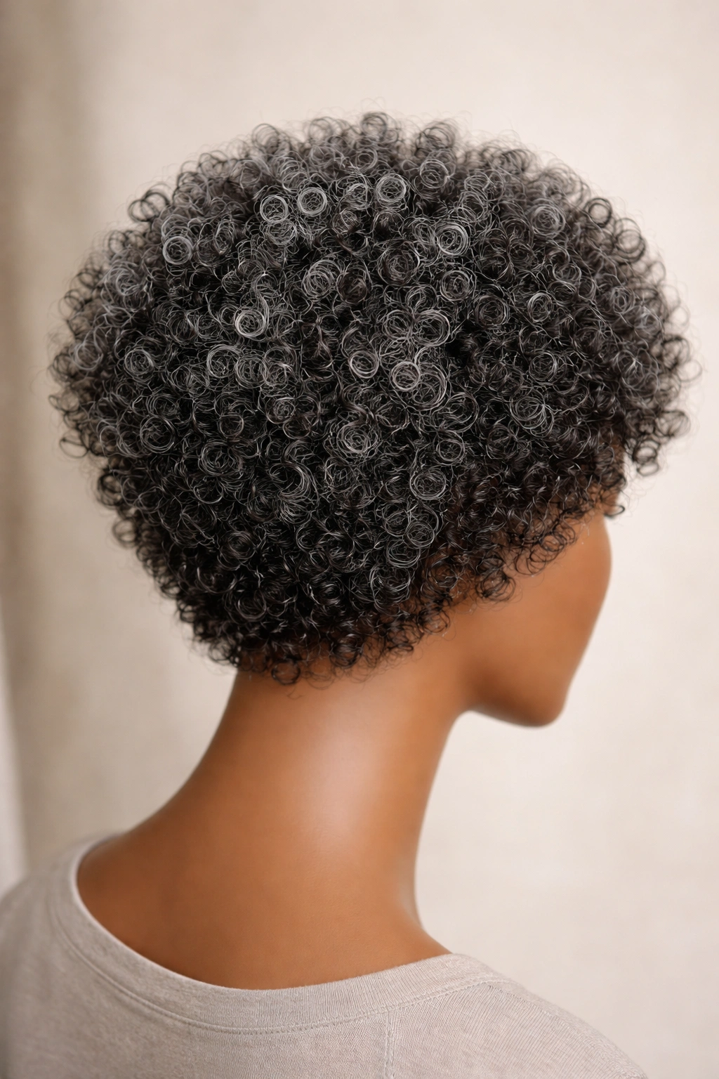 Close-up of salt-and-pepper short Afro wig with black base and silver strands in tight curls