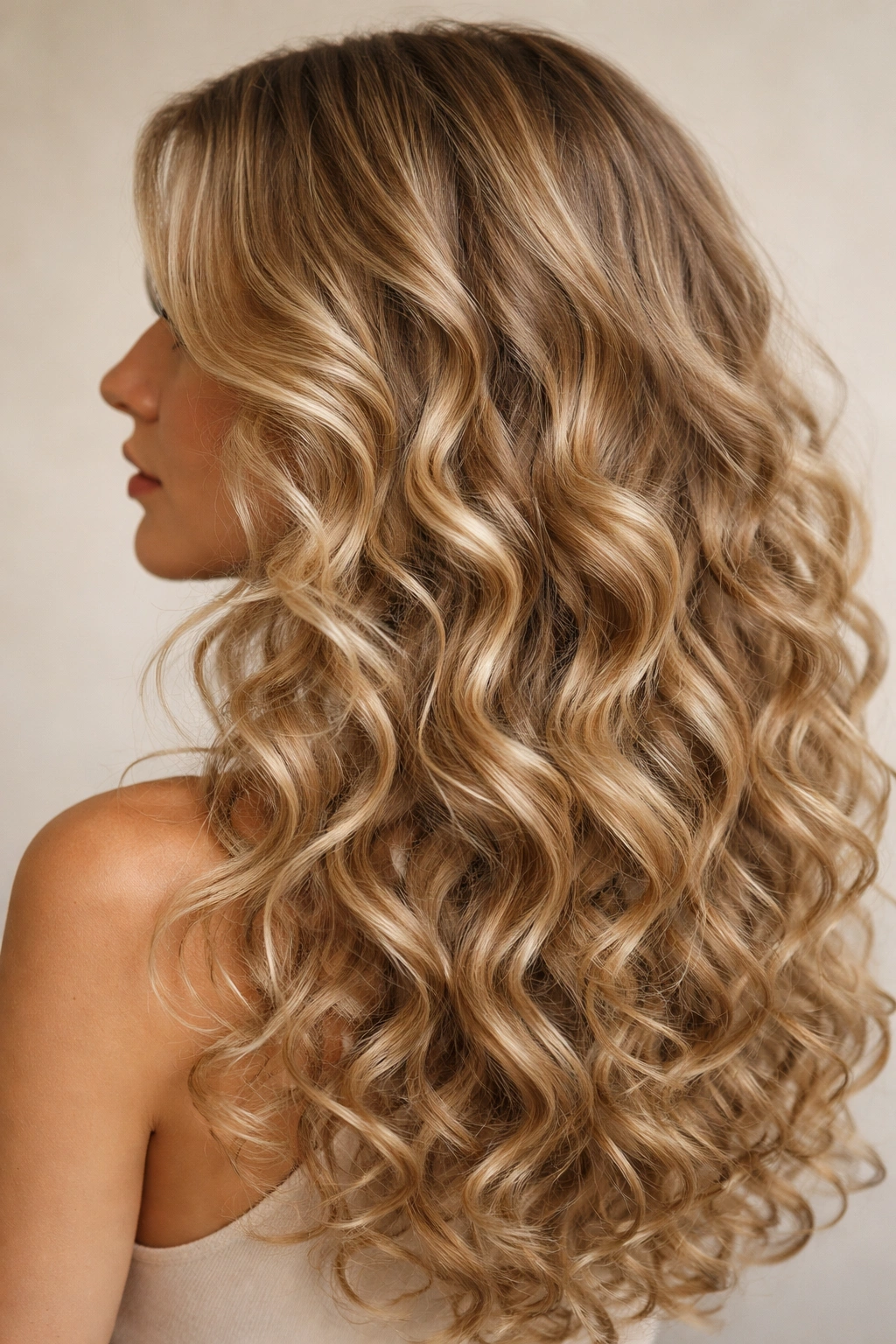 Close-up curly hair sandy beige blonde with soft root shadow