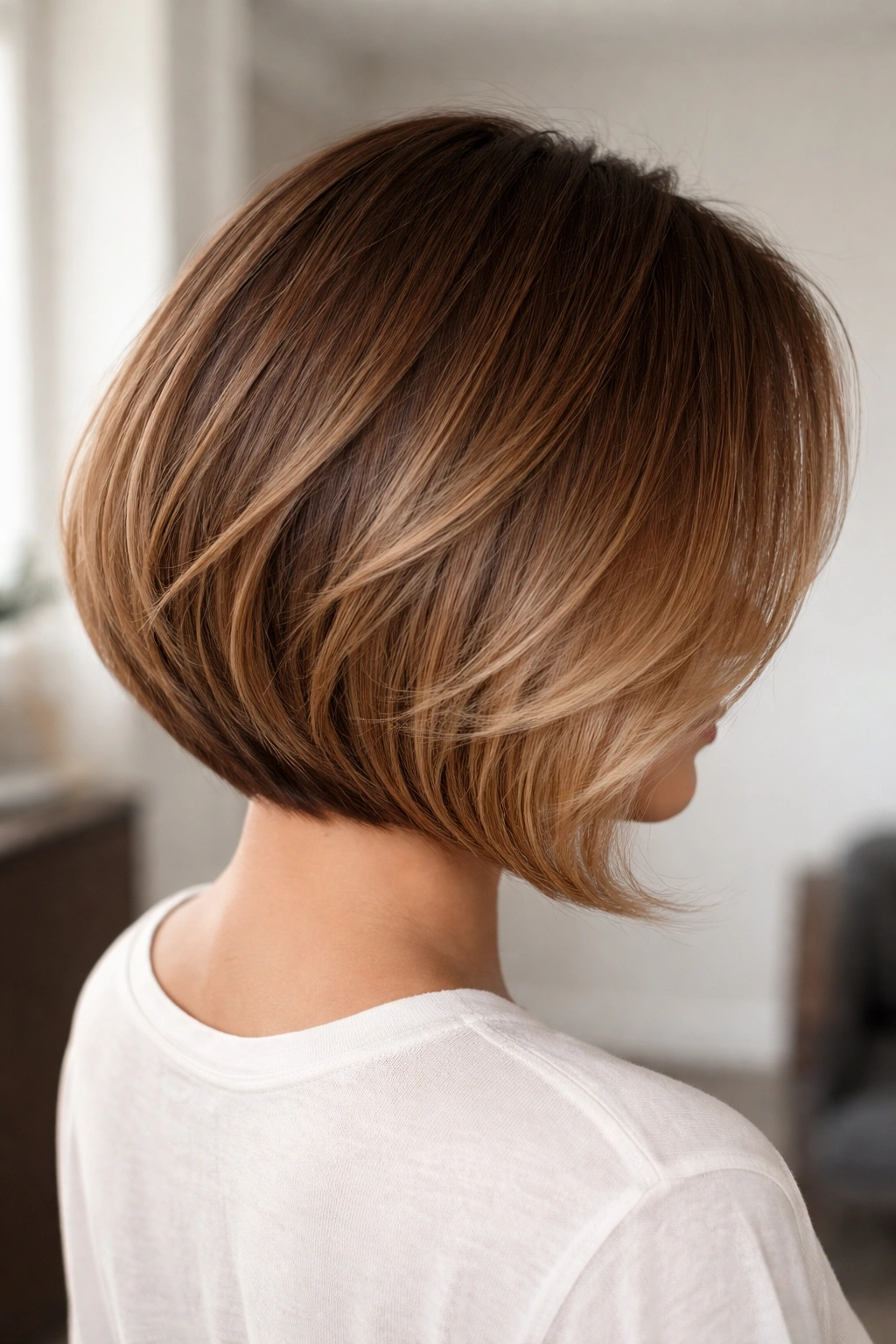 Rounded bob with sandy brunette toffee ombre showing depth and lift
