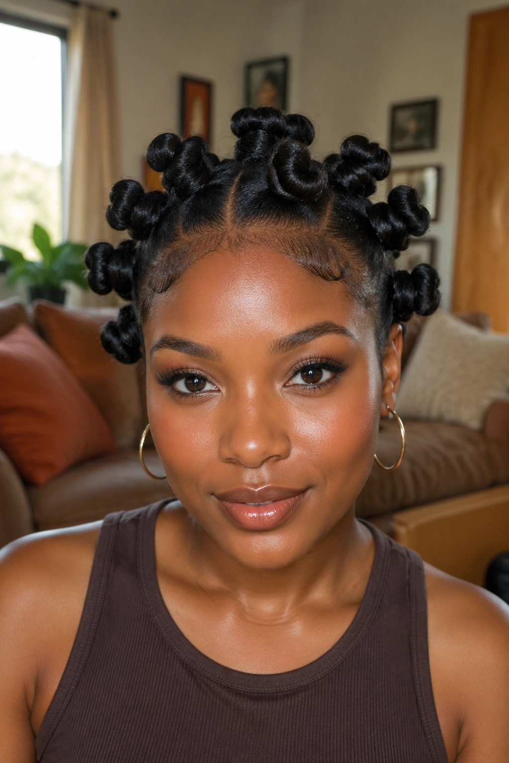 Close-up of satin-finish knots on a real woman's hair