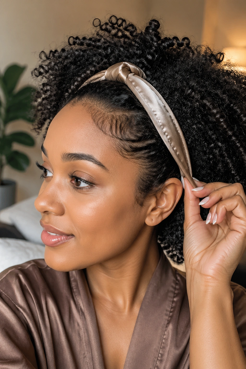 Close-up of a real person wearing a satin-lined headband with curly hair.