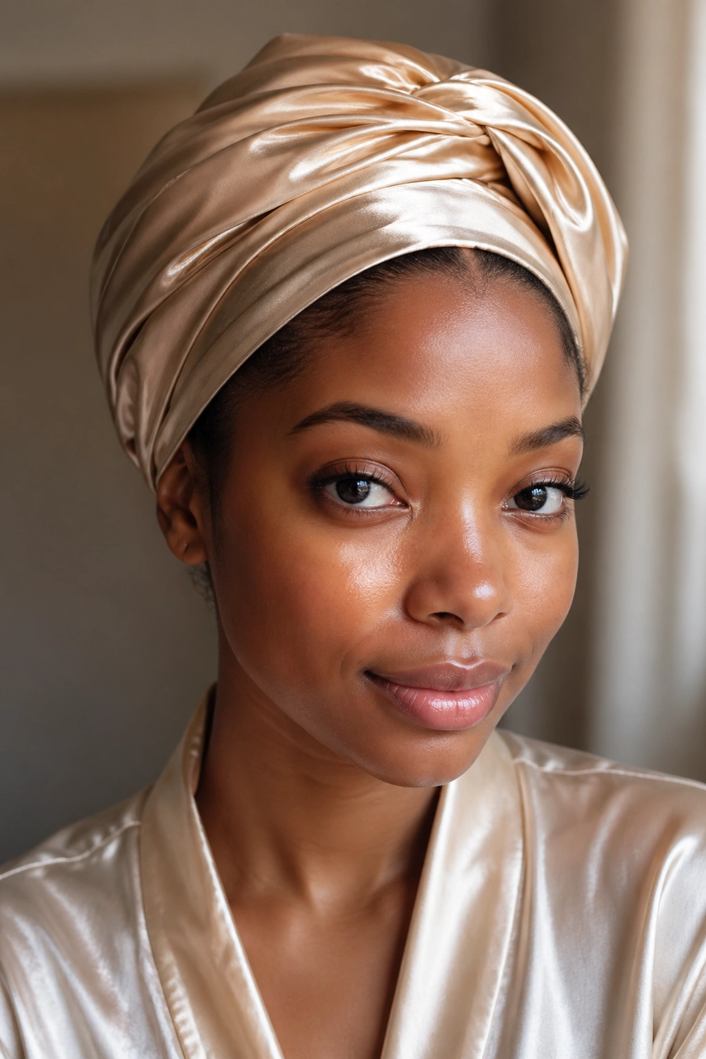 Close-up of a real woman showing the satin scarf tuck technique on curly hair