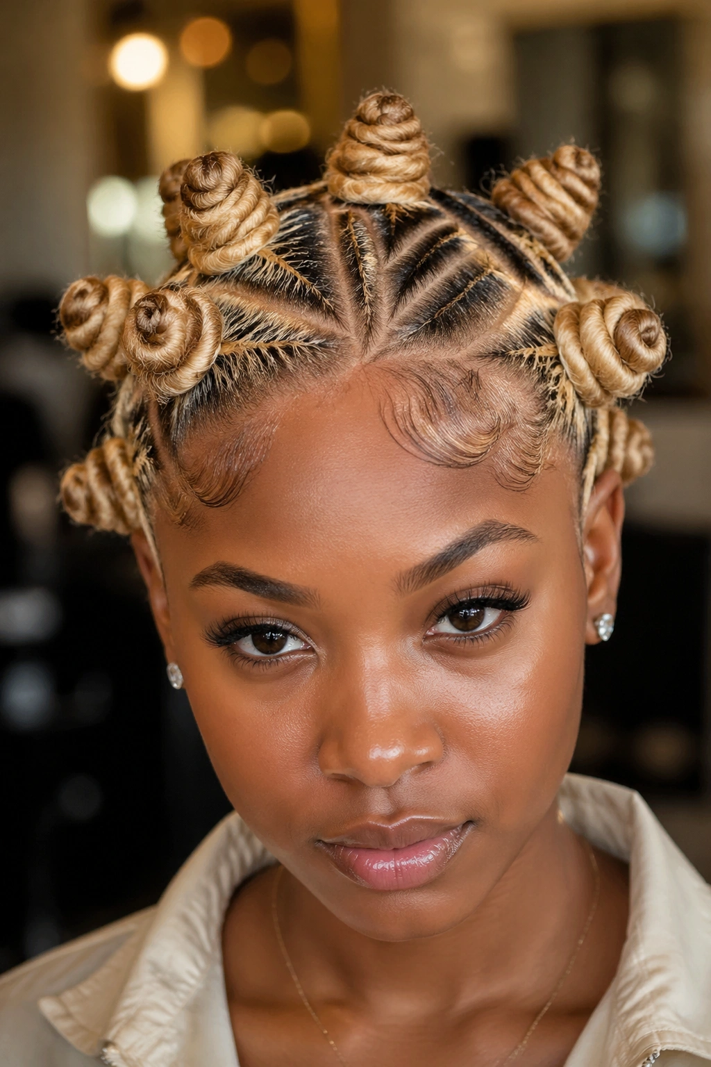 Close-up of scalp-art patterns in blonde hair on a real person