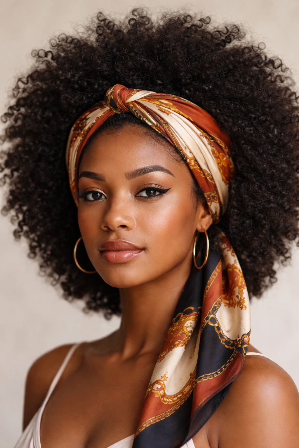 Close-up of a voluminous afro with a wide satin scarf tied above the hairline, framing the face