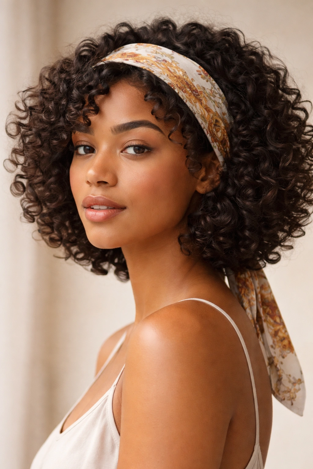 Curly bob with silk scarf wrapped around the crown
