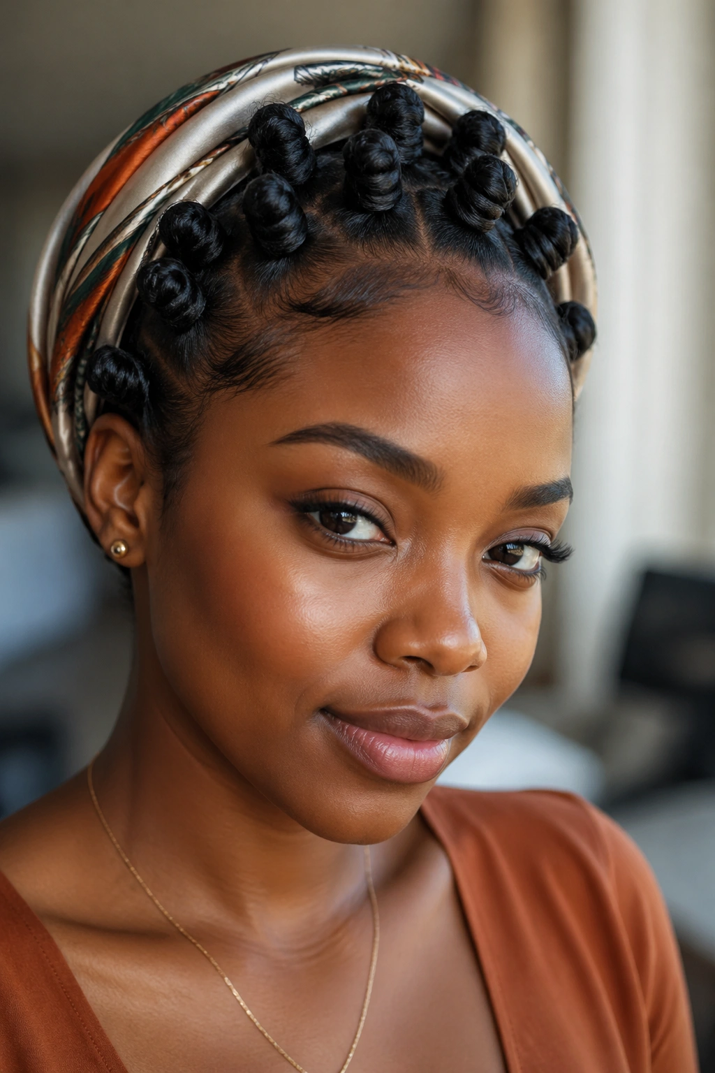 Portrait of a person with scarf-framed Bantu knots