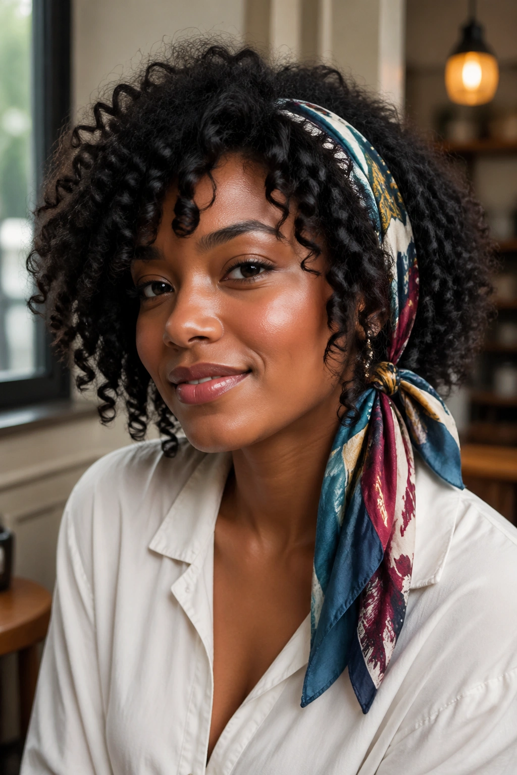 Close-up of a real person wearing a colorful scarf headband with curly hair.