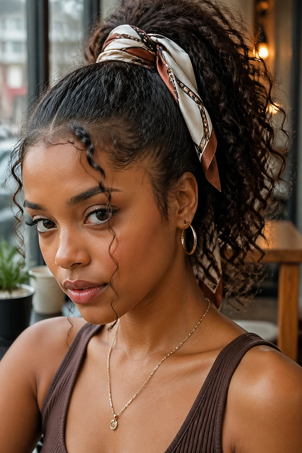 Close-up of high ponytail wrapped with satin scarf