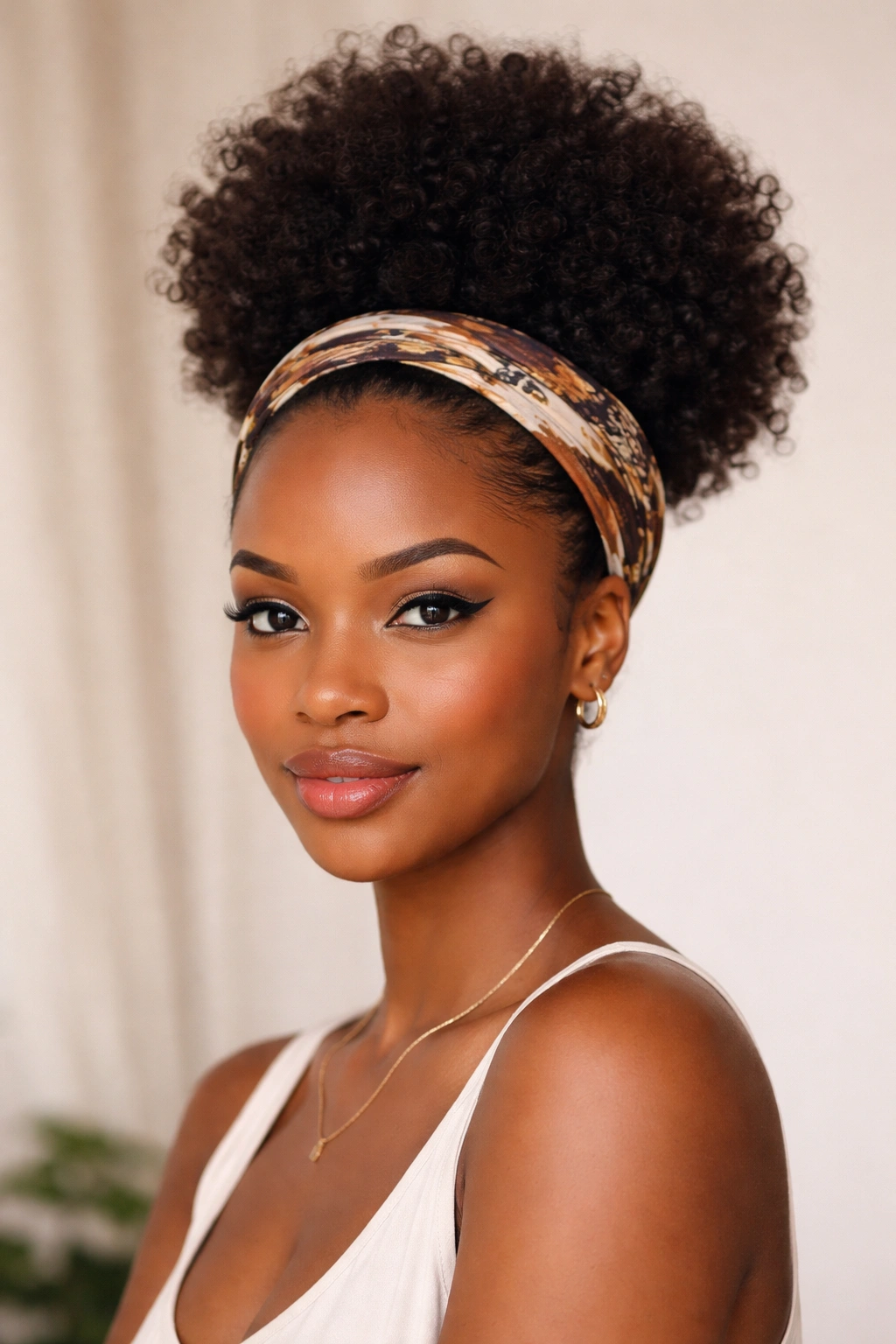 Puff framed by a scarf around the hairline balancing the forehead.