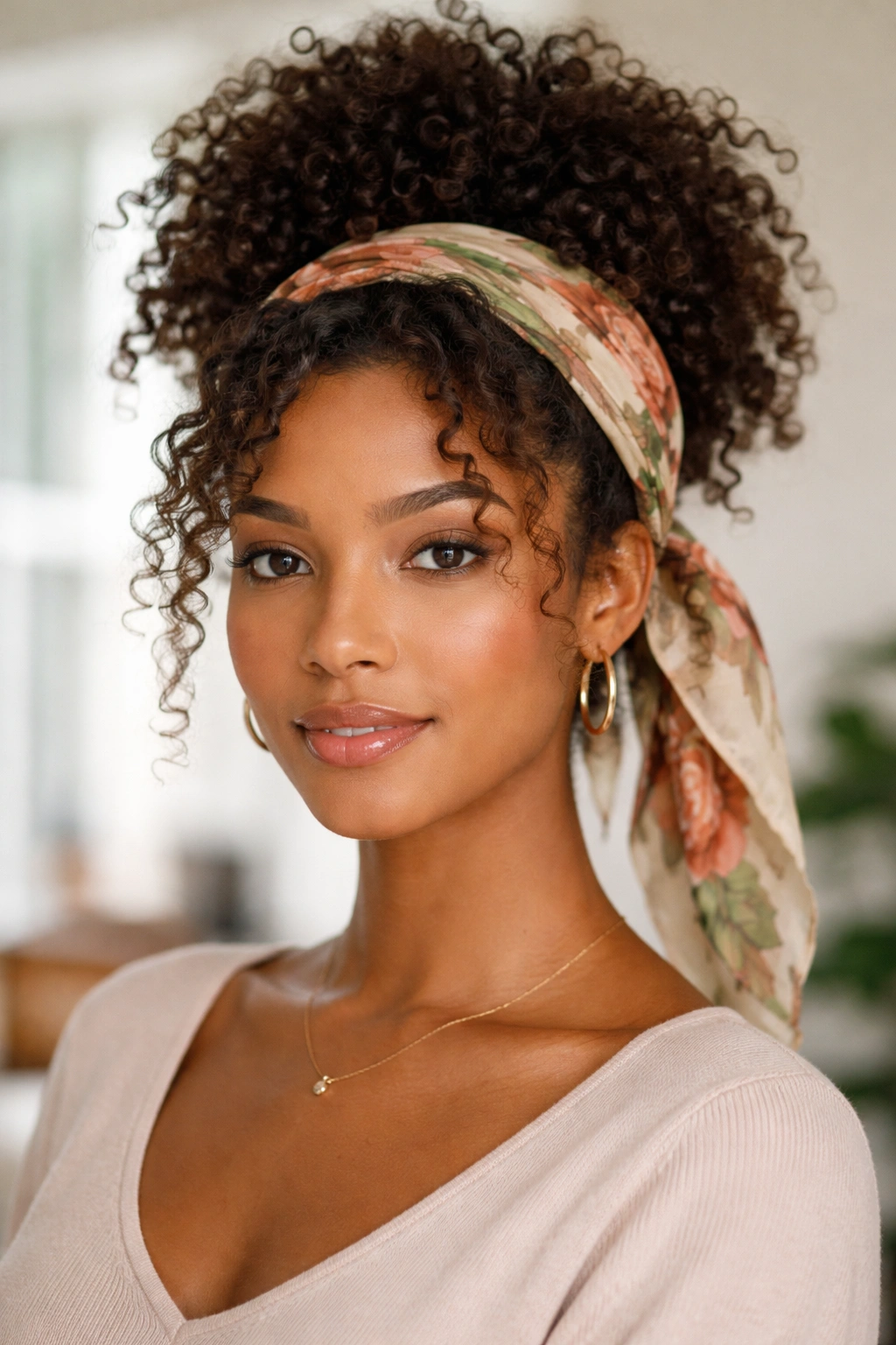 Curly puff with a scarf tied around the crown