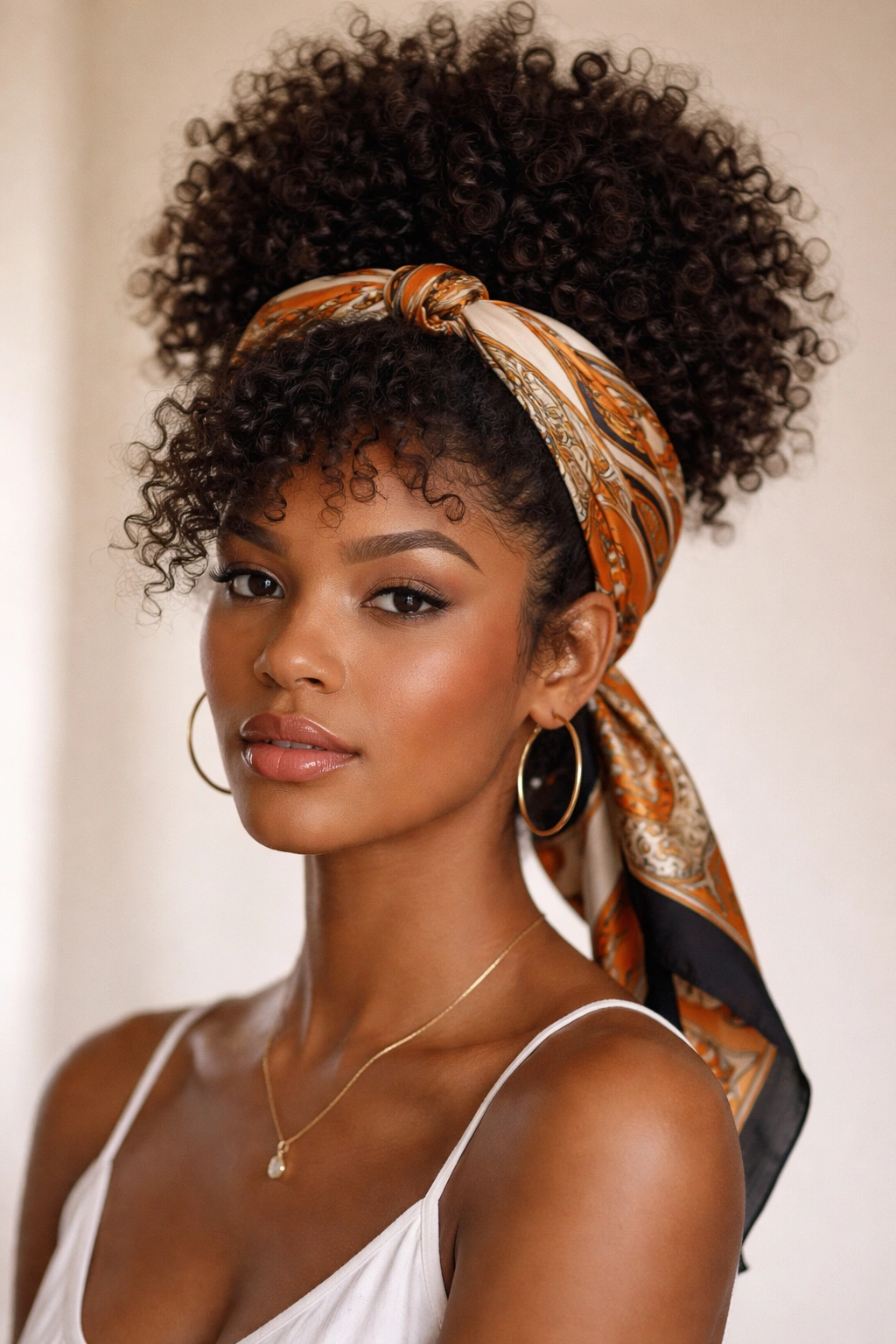 High puff hairstyle with scarf tied around the crown