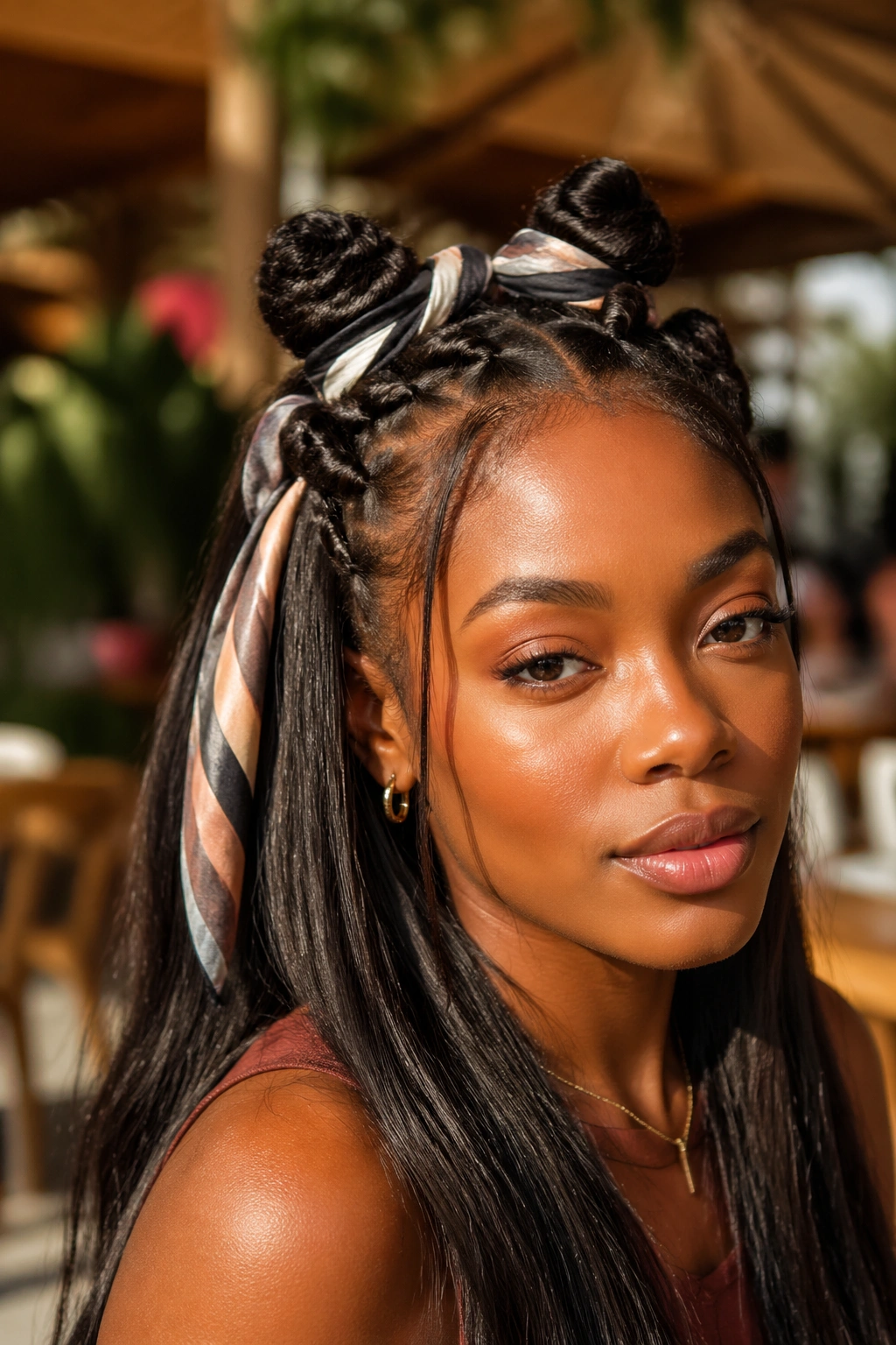 Close-up of a real woman with scarf-wrapped bantu knot half up style