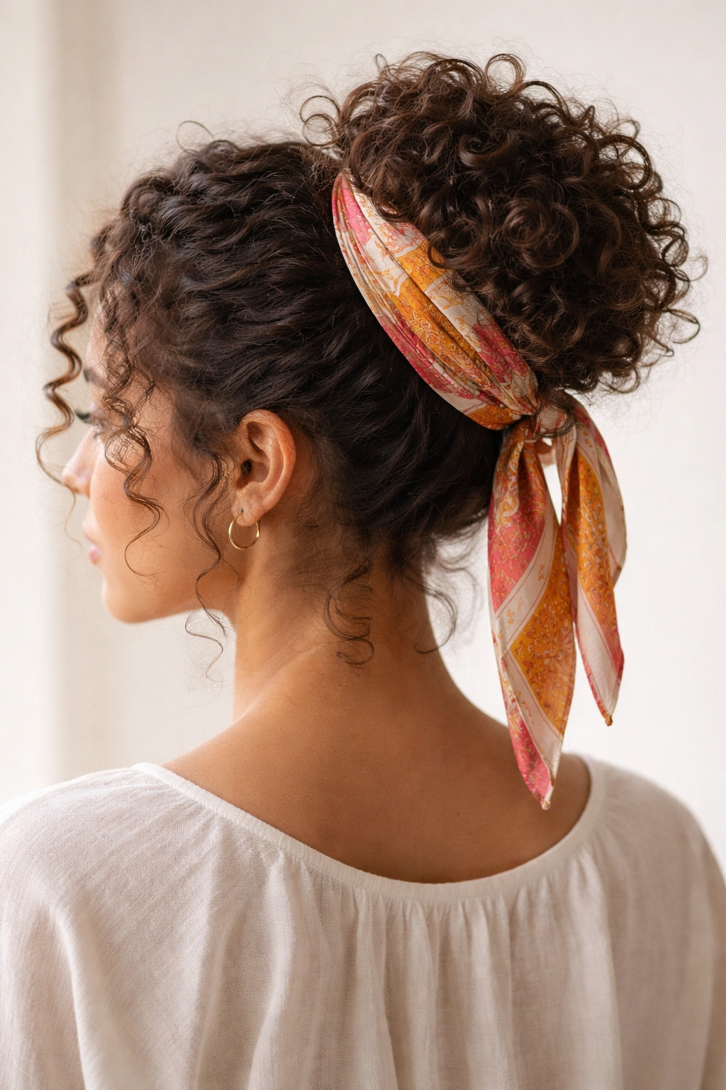 Curly bun wrapped with a slim scarf around the base