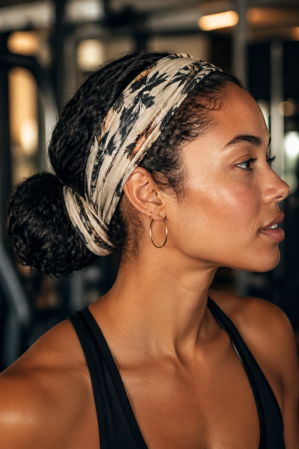 Close-up portrait of a real woman wearing a scarf-wrapped bun for frizz control in a gym setting