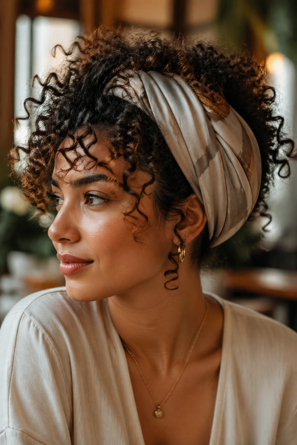 Close-up of a real person with curls spilling from under a scarf at the crown