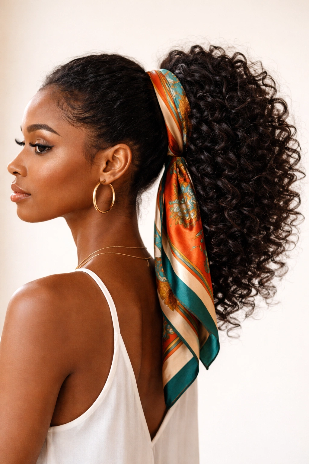 Curly ponytail with a silk scarf wrapped around the base