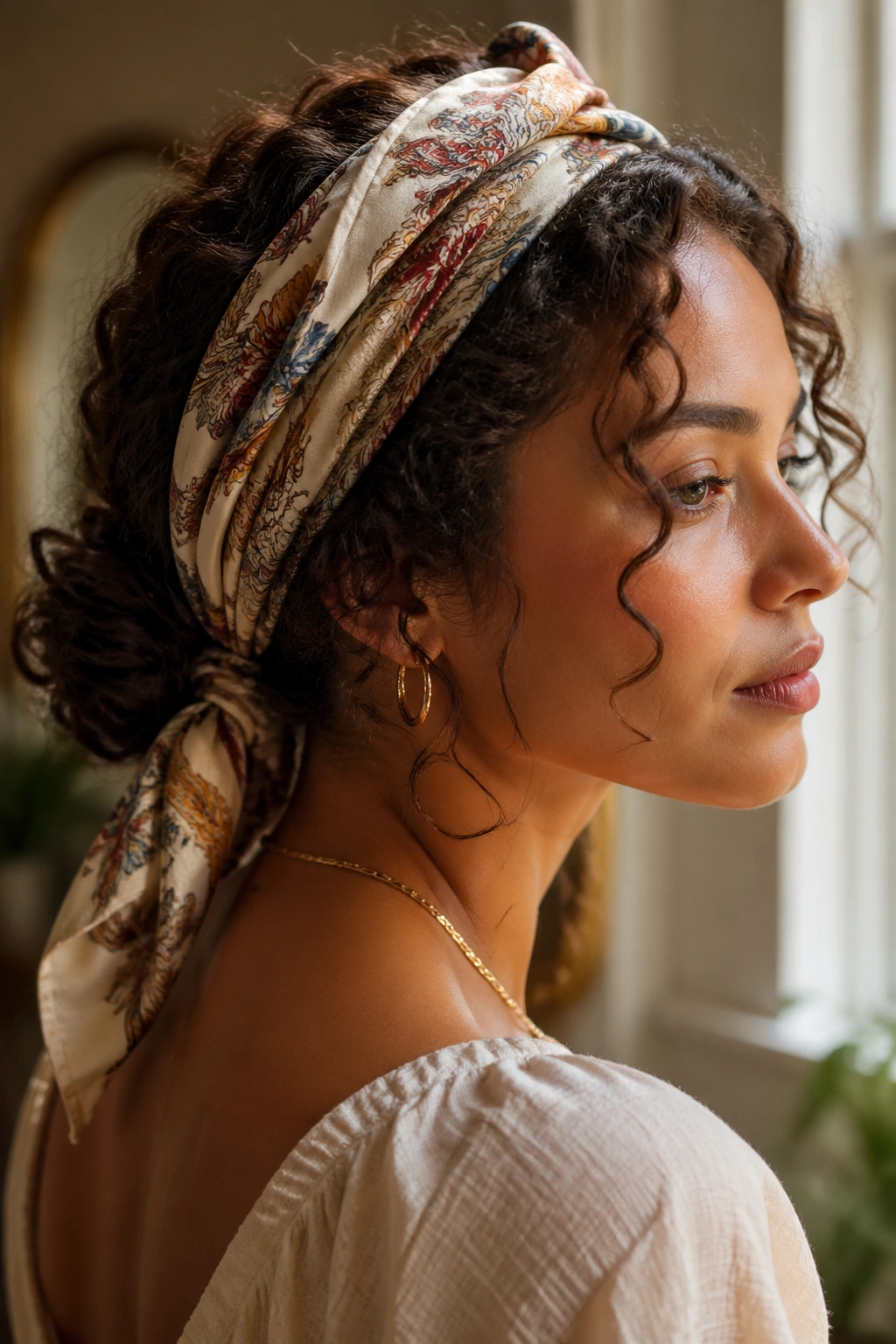 Close-up portrait of a real person with a scarf-wrapped curly updo and visible face-framing curls
