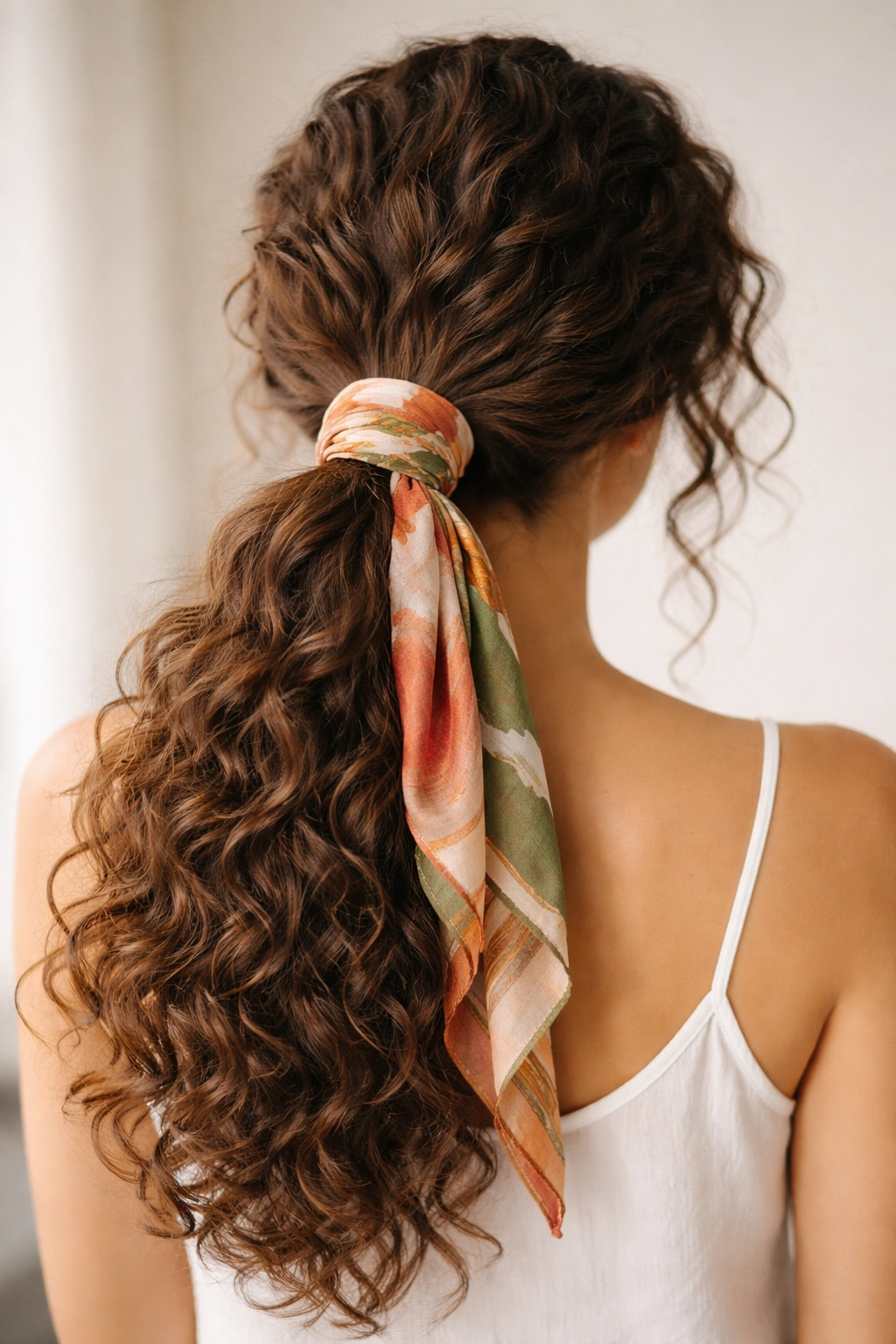 Low ponytail with silk scarf wrapped around base