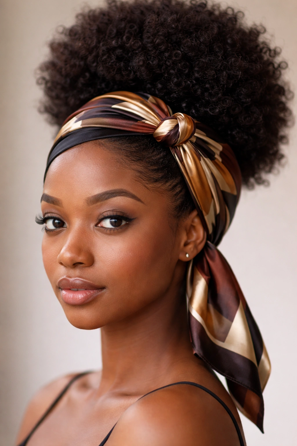 Puff hairstyle with scarf wrapped around hairline hiding rough edges in studio lighting