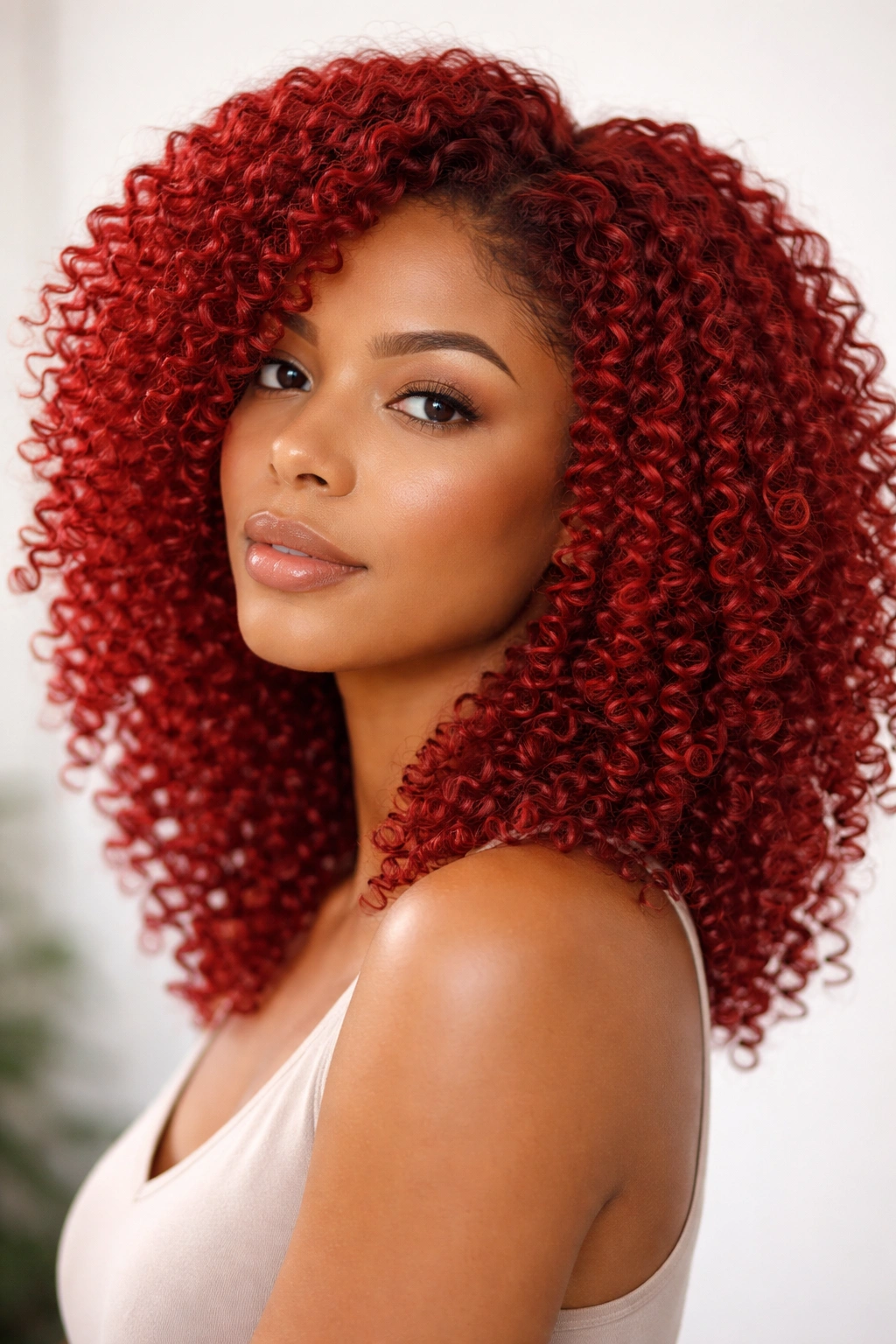 Scarlet red wash-and-go curls with defined coils