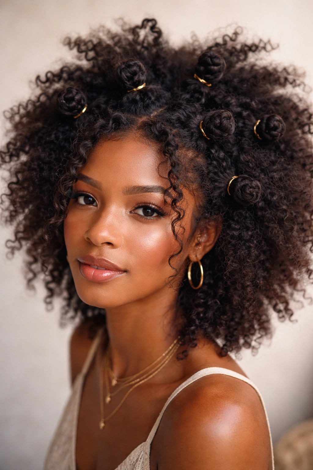 Loose afro with scattered bantu knots across crown