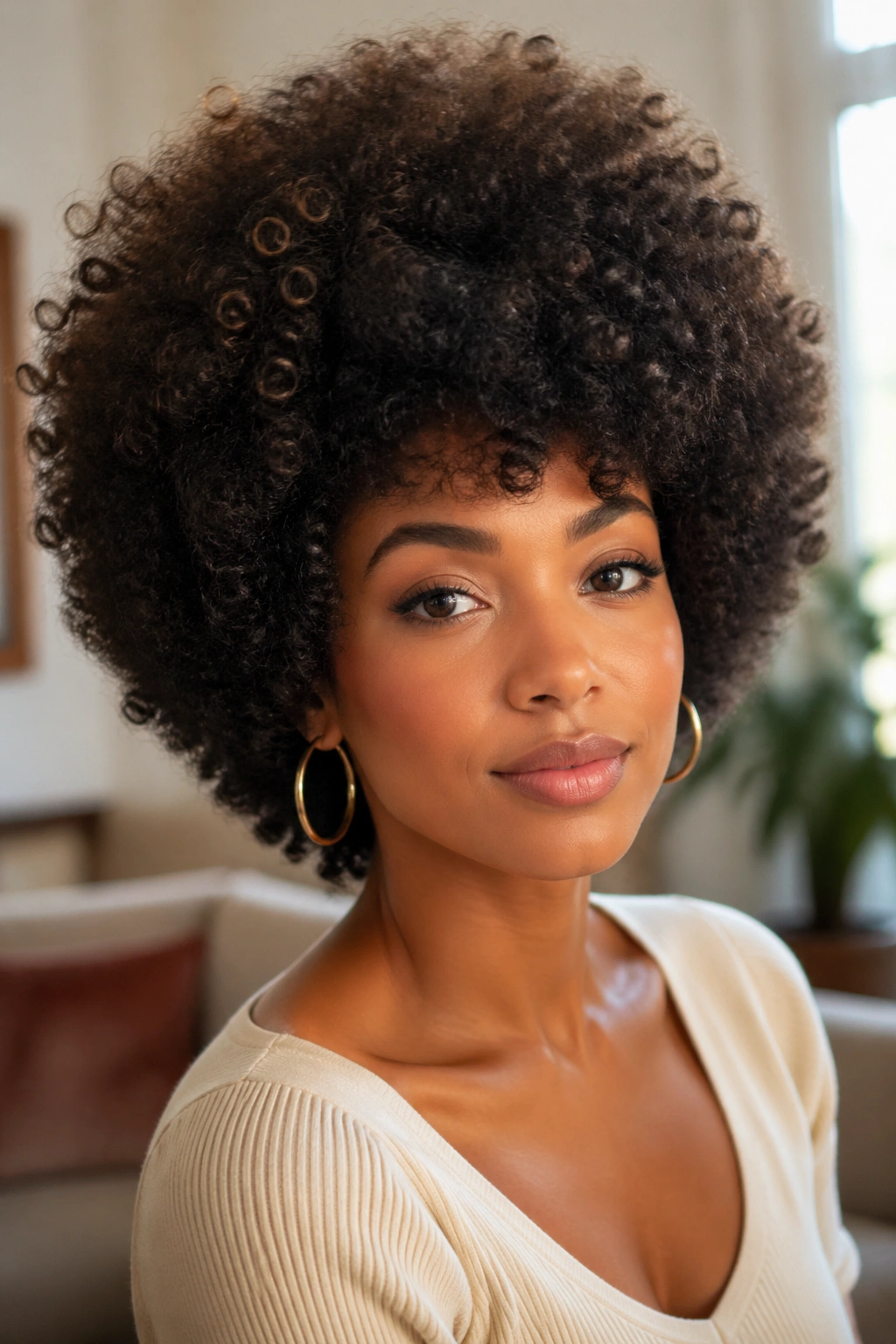 Close-up of a real woman with a sculpted soft-crown afro