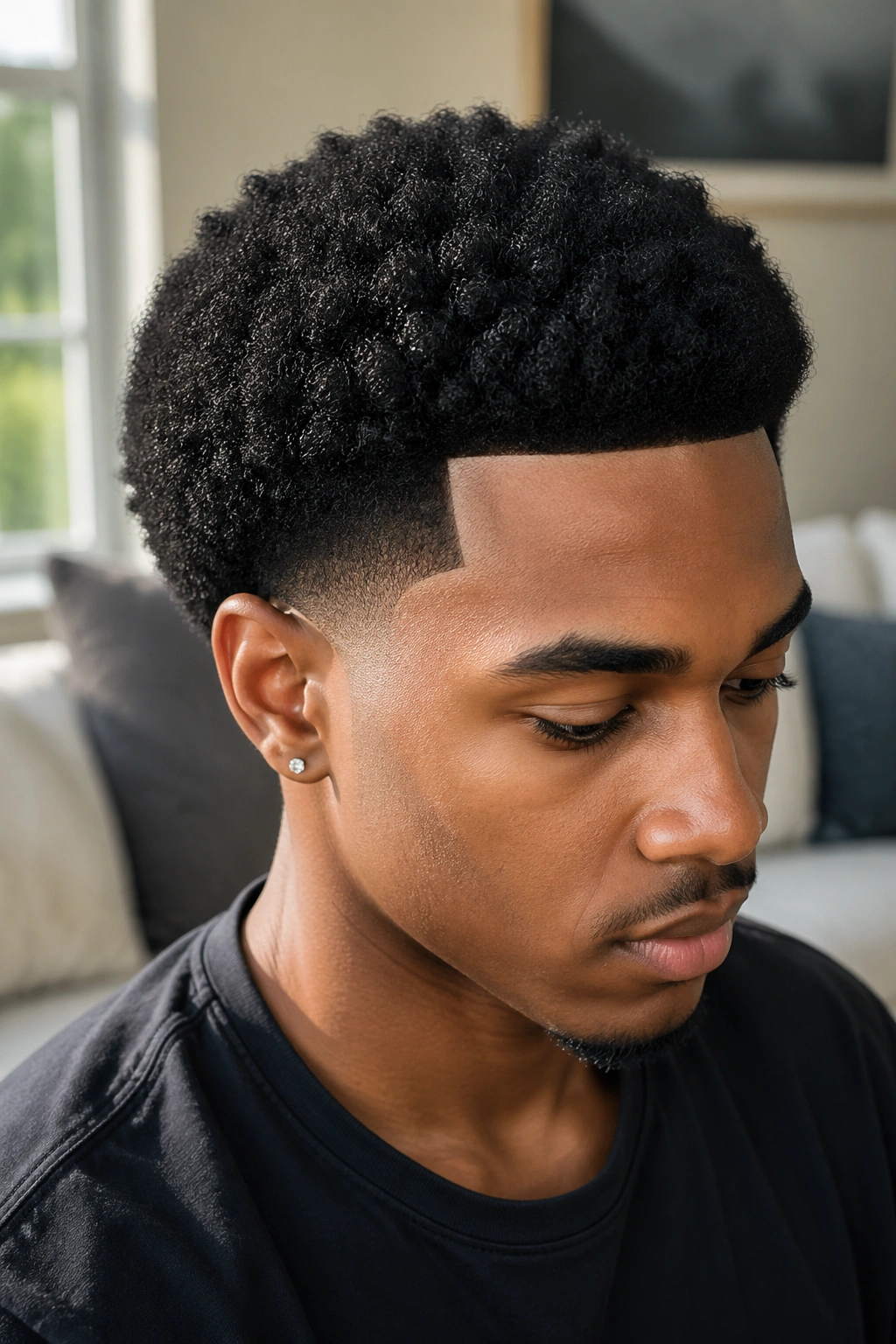Close-up of a real person with sculpted afro and sharp line-up