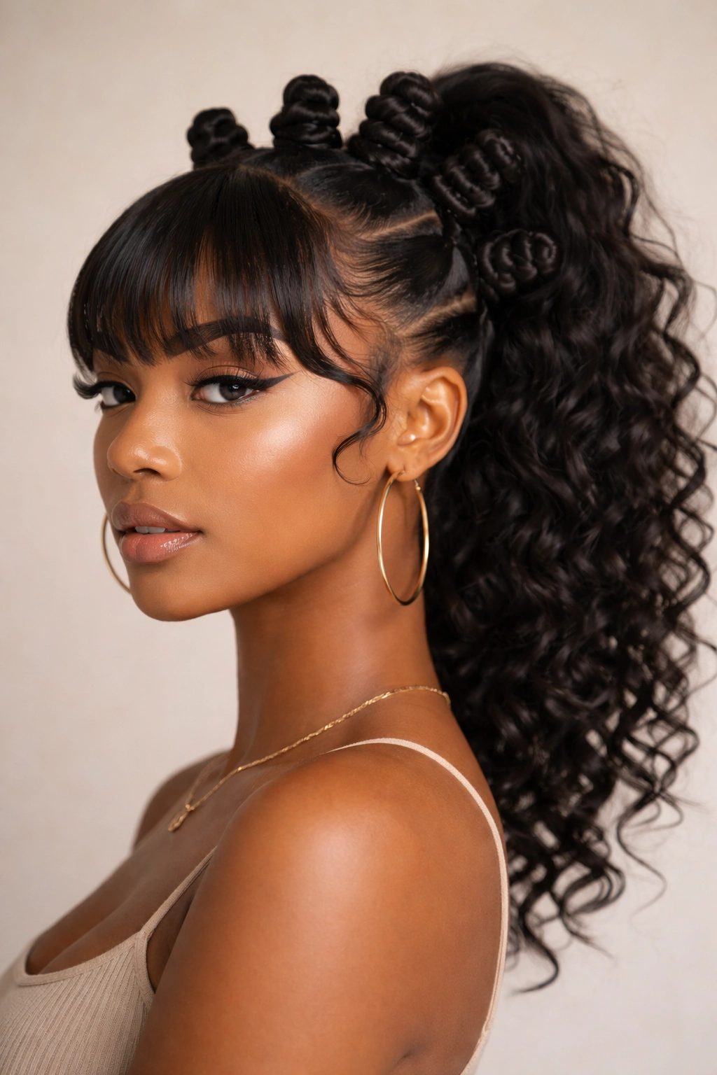 Close-up of sculpted edges Bantu knot ponytail with short fringe and soft temple edges