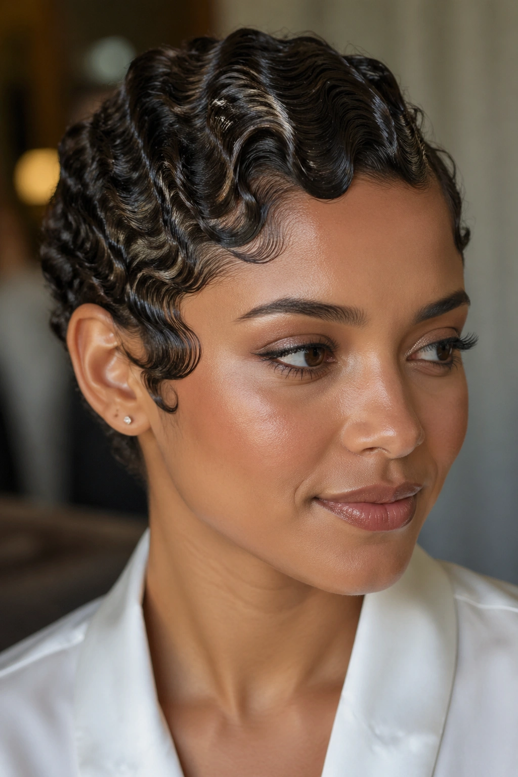 Close-up of a real bride with sculpted finger waves at the front