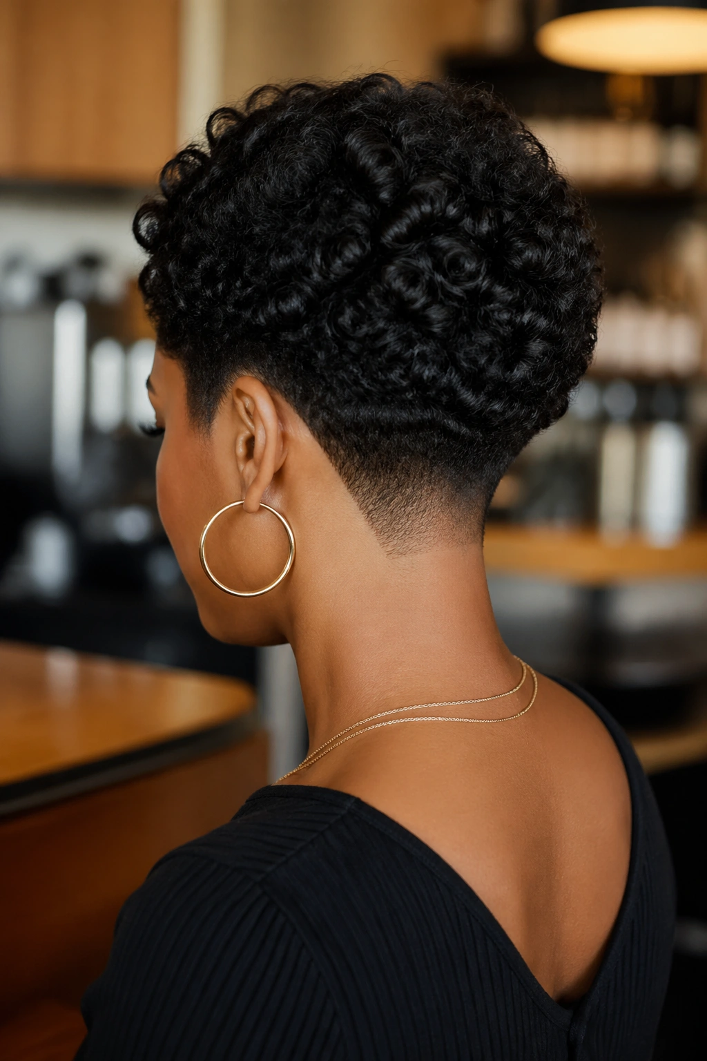 Close-up of a real person with a short curly crochet style and sculpted nape