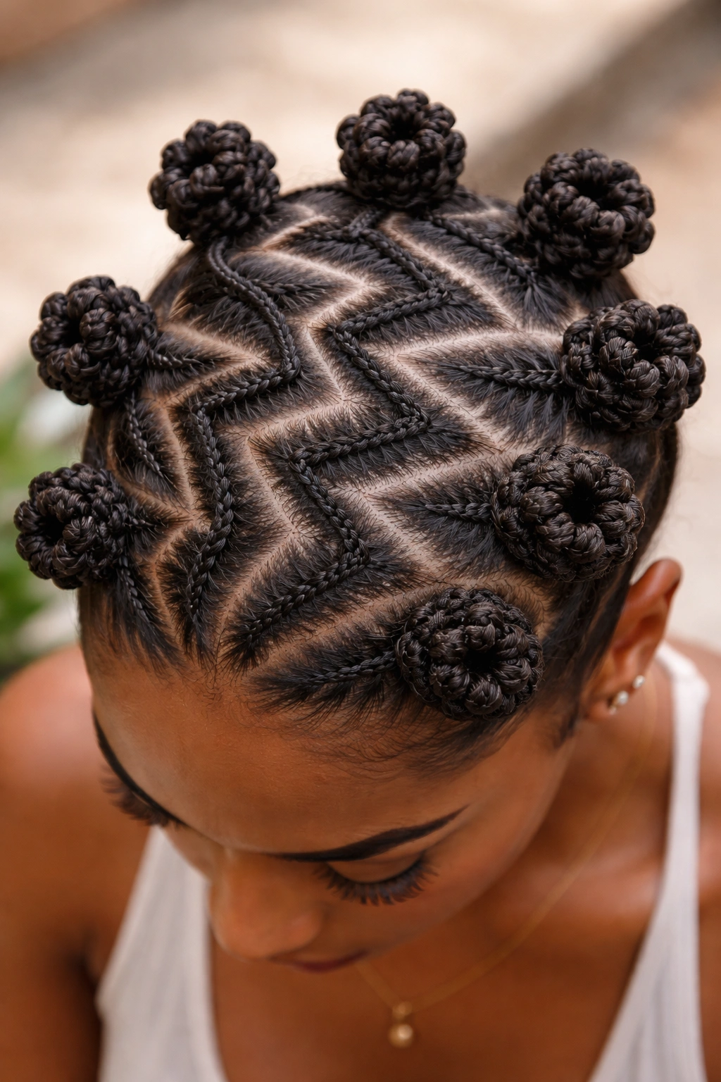 Zig-zag parting forming a grid with Bantu knots across the scalp