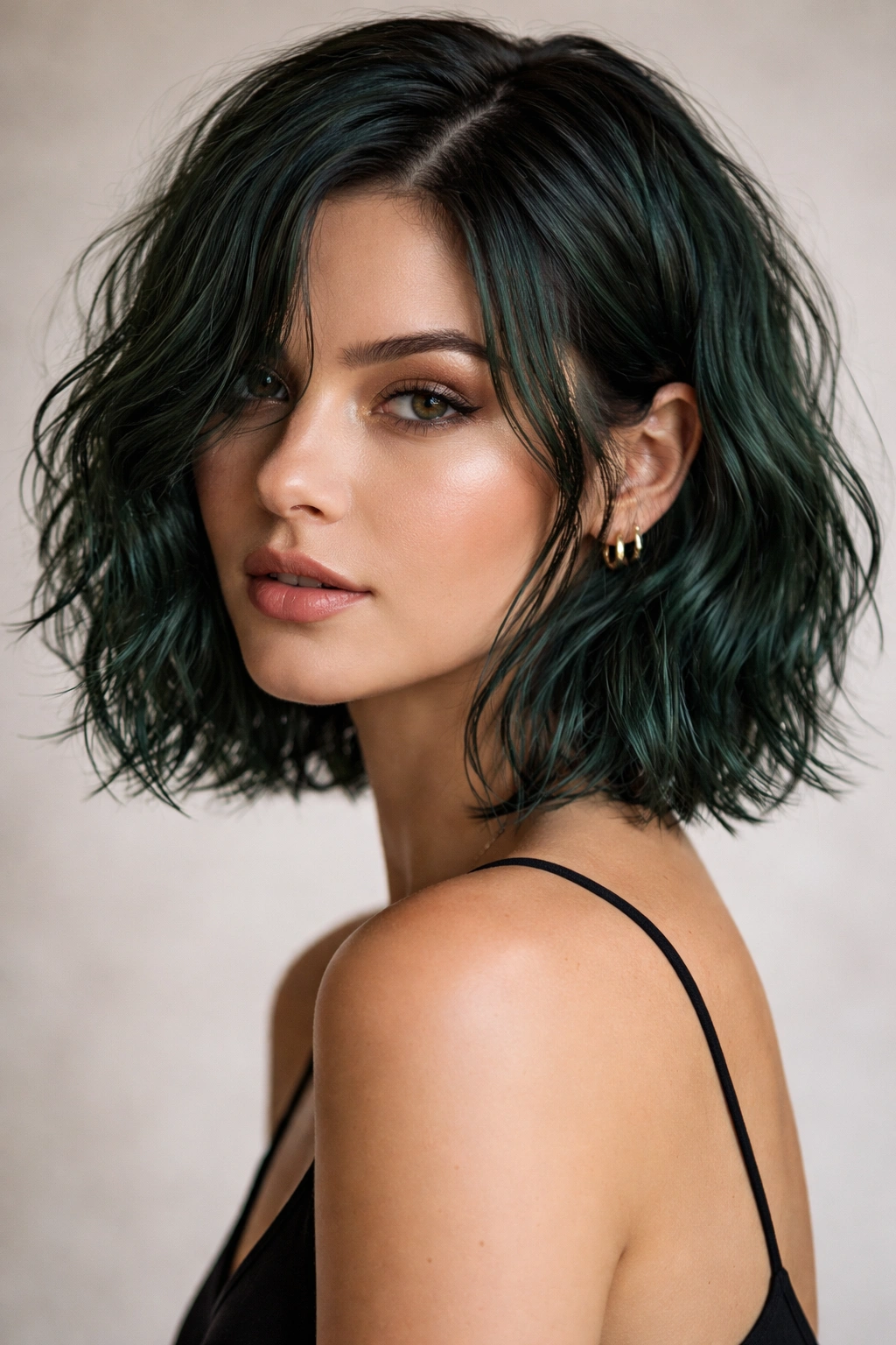 Close-up of seaweed-textured wavy bob in dark green with blue-gray undertones.