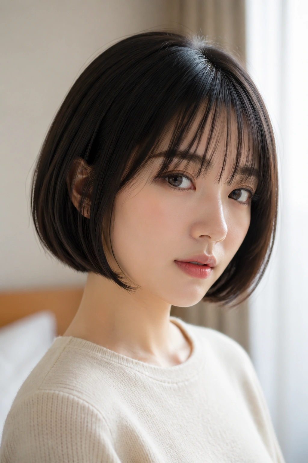 Close-up of real person with see-through bangs in soft window light