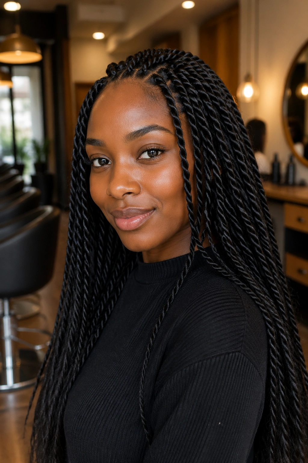 Close-up portrait of a real woman with Senegalese twists in a salon setting