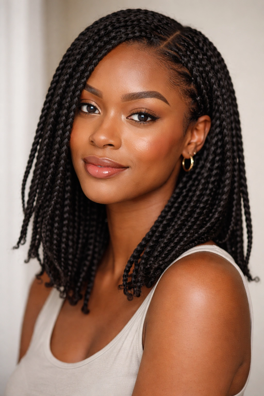Close-up of shoulder-length Senegalese twists with medium-sized sections, natural texture