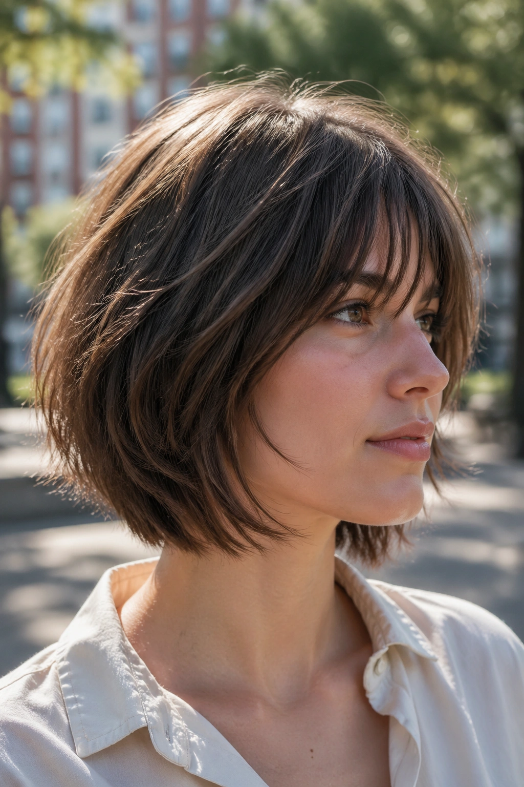 Real woman with shag-inspired concave bob and airy layers in park light