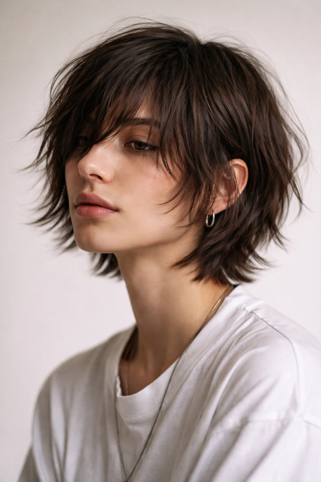 Close-up of a model with a shaggy, feathered androgynous bob