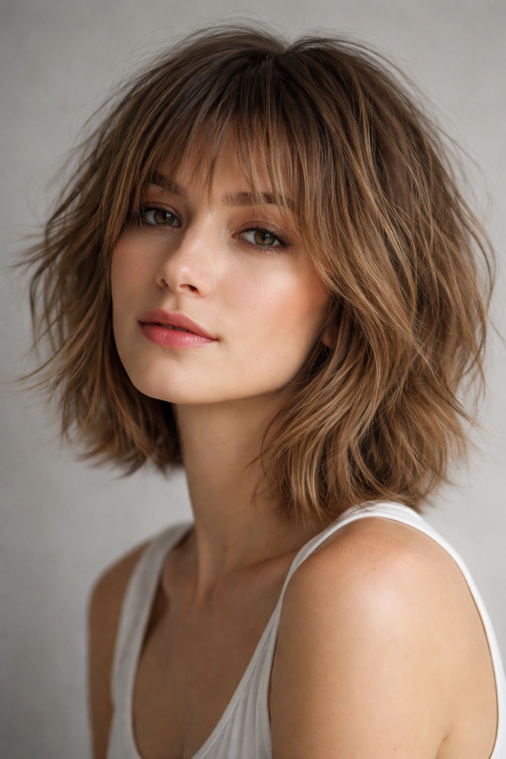Shaggy bob with airy bangs and loose layers.