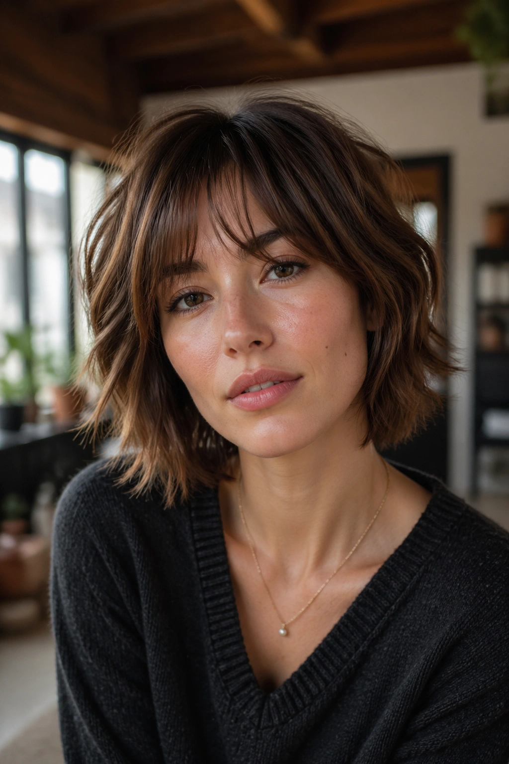 Close-up of a person with a shaggy bob and airy bangs in a loft setting