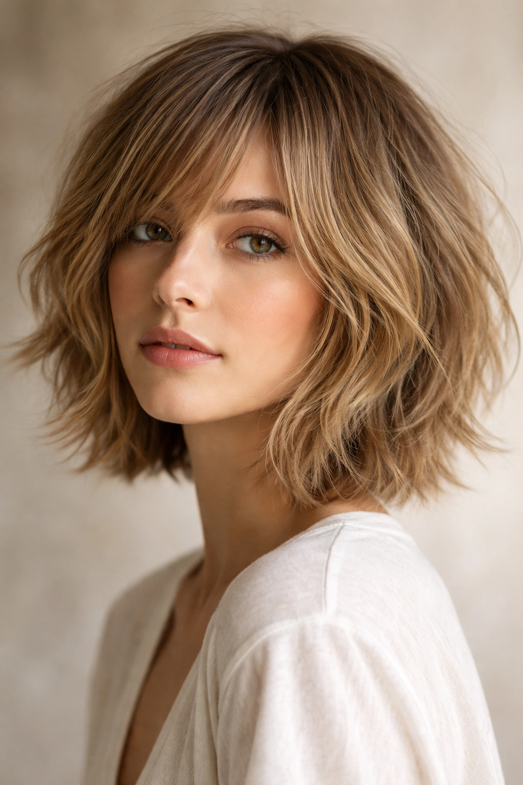 Shaggy bob with airy layers showing movement in a studio portrait