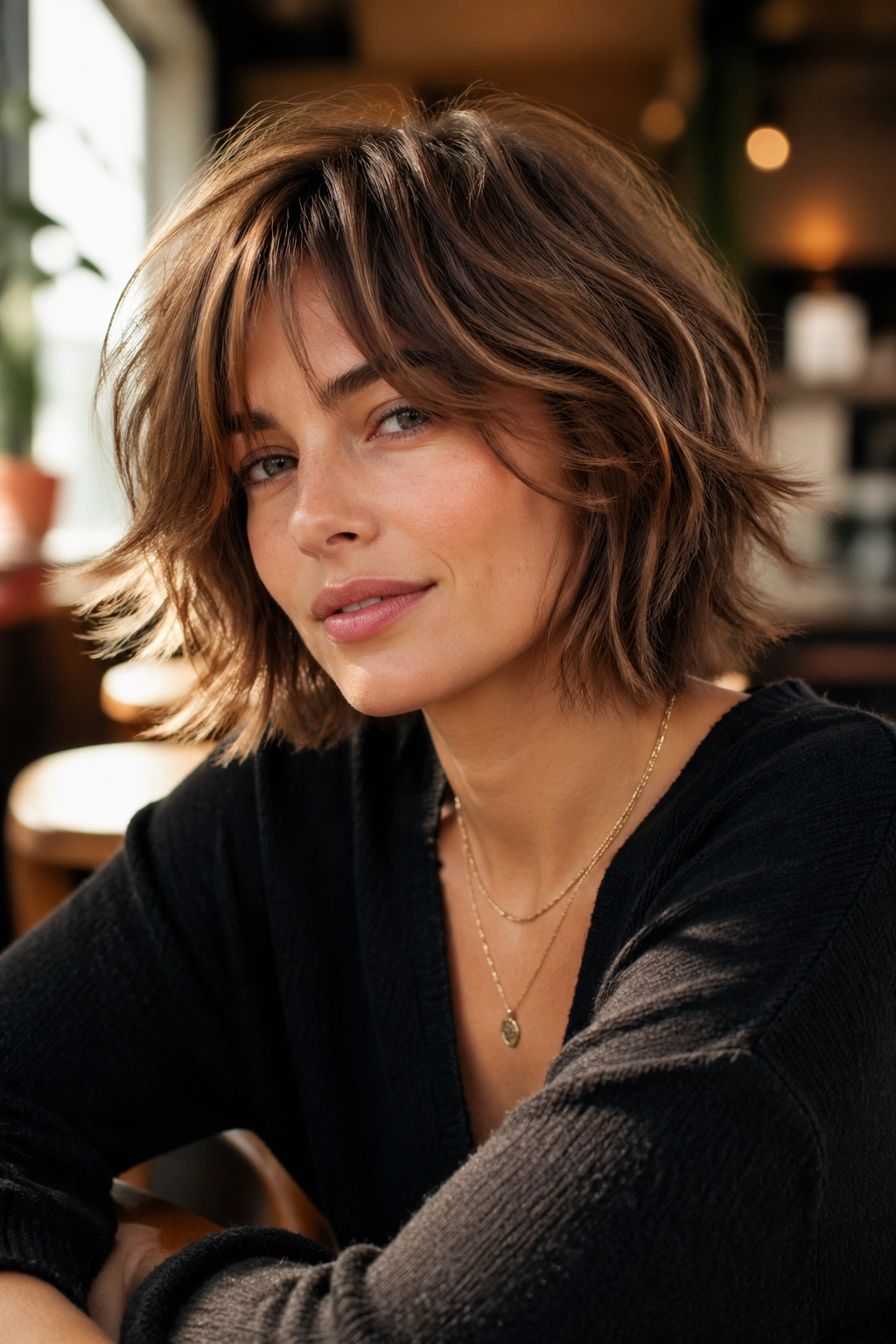 Shaggy bob with airy layers in a sunlit cafe