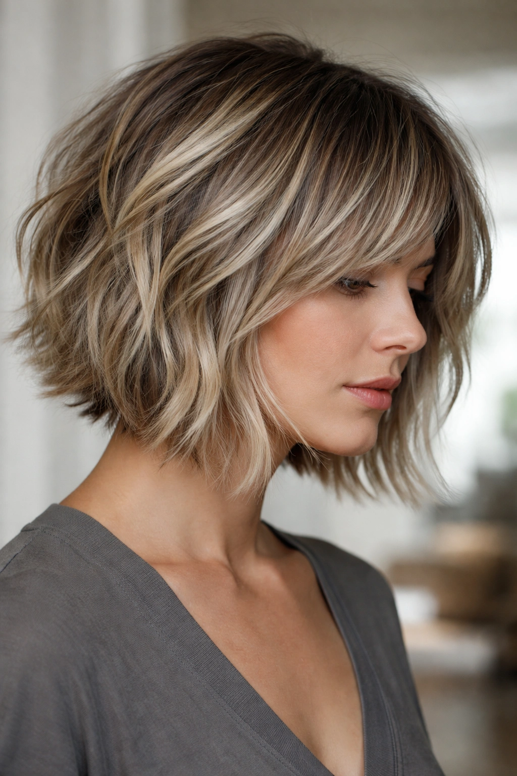 Shaggy bob with ash blonde lowlights creating texture