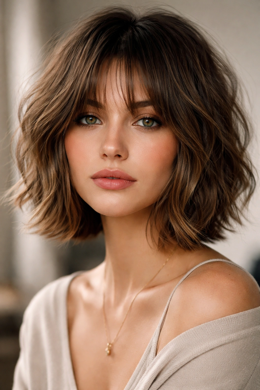 Close-up of a tousled shaggy bob with bottleneck bangs framing the eyes