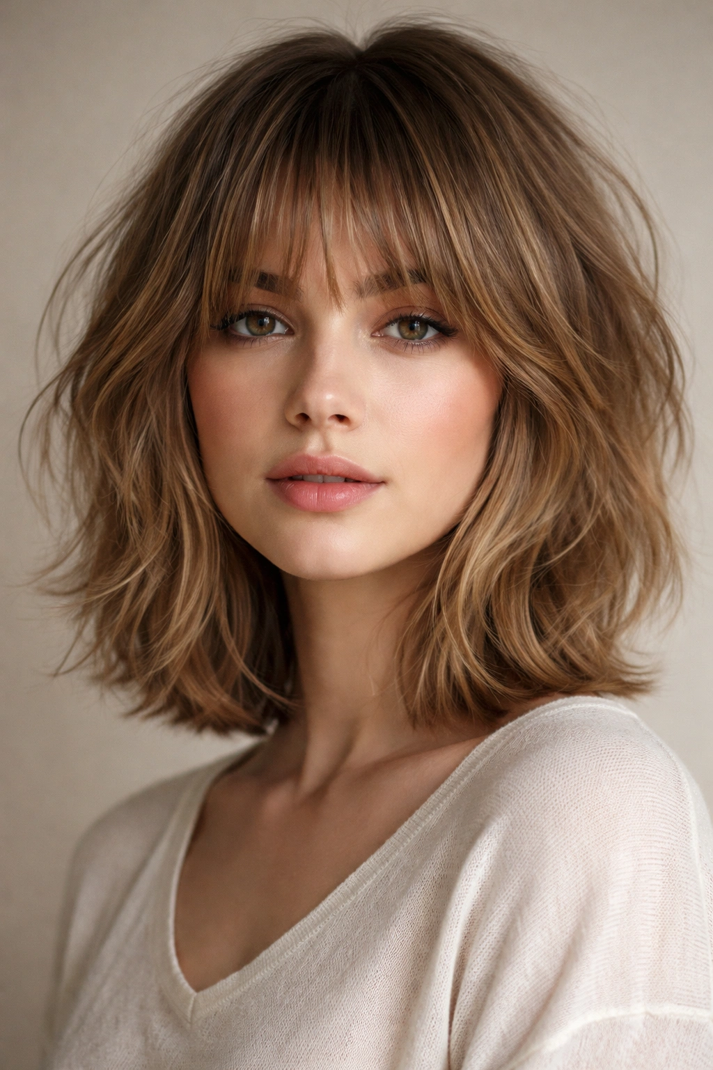 Shaggy bob with bottleneck bangs close-up showing textured mid-length hair